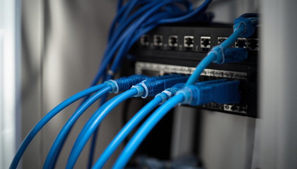Labeled patch panel with Cat6 cables in a Houston home network closet